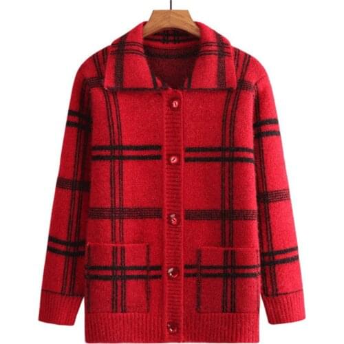 Middle-aged and Elderly Womens Sweaters Knitted Sweater Cardigan Autumn Winter Thicken Single-breasted Lattice Jacket Tops 4XL