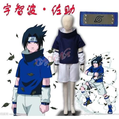 Cafiona Hot Sale Naruto Uchiha Sasuke Cosplay Costume Loose Blue Outfit with Headband for Adult and Children