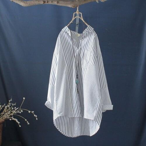 Patchwork Cotton Long Women Shirts Summer Vintage Striped 2021 Loose Female Outwear Coats Tops