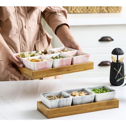Marble Fruits Platter Ceramic Dish Plate Porcelain Snacks Candy Nut Desserts Eco Natural Serving Bamboo Tray Set Salad Bowl