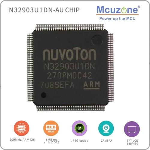 N32903U1DN, NUVOTON ARM926 core based Soc, with on chip 8MB DDR, USB, LCDC, CMOS interface, JPEG codec, QFP128