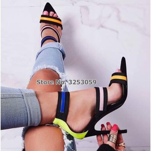 ALMUDENA Neon Yellow Mixed Color Strap Gladiator Sandals Stiletto Heels Patchwork Summer Dress Shoes Real Photo Banquet Pumps