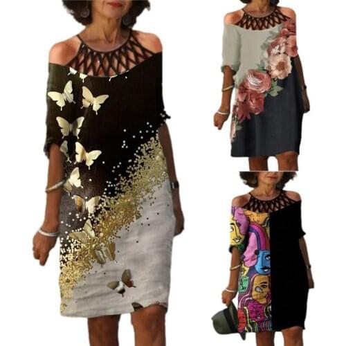 2021 Autumn and Winter New Fashion Ladies Five-point Sleeve Sexy Hollow Round Neck One-Shoulder Printed Women Dress