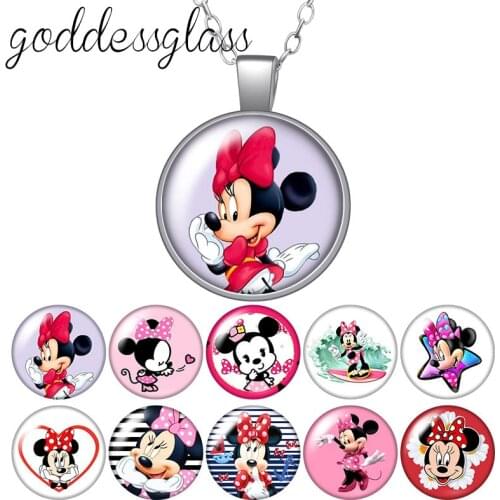 Disney Cute Minnie Mouse Girls gift Round Glass glass cabochon silver plated/Crystal pendant necklace jewelry Gift