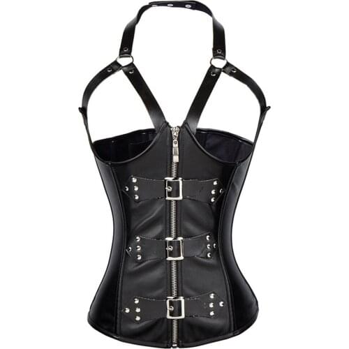 Sexy Womens Black Faux Leather Open Bust Underbust Corselet Zipper Waist Slimming Ladies Straps Corset Bustier