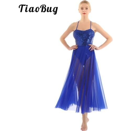 TiaoBug Women Spaghetti Straps Shiny Sequined Gymnastics Leotard Split Long Mesh Ballet Dance Dress Stage Performance Costume