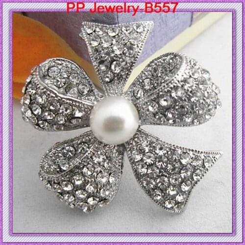 Rhodium Plated Vintage Fashion Rhinestone&Pearl Boutique Bow Tie Brooch Pins
