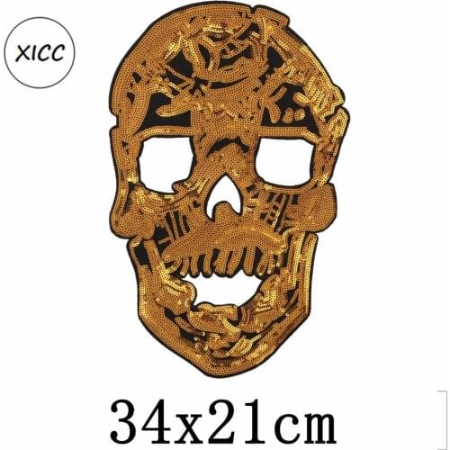 XICC New Cartoon Big Size Sequin Skull Embroidery Patches Gold Shine Horrible Fashion Applique Stickers Sewing On For Clothes