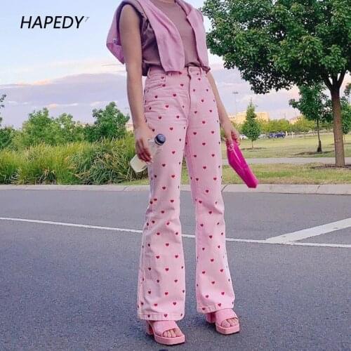 Y2K Pink Pants Heart Printed Sweet Trousers Vintage Aesthetic Party Pants Pockets Joggers Festival Outfits Women New 2021