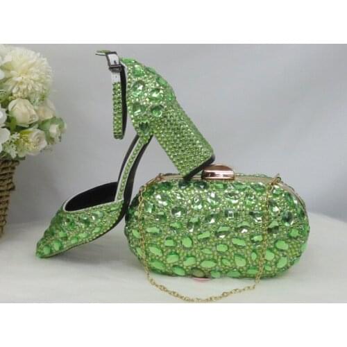 BaoYaFang Light Green Crystal Sandals Womens wedding shoes with matching bag Bride Pointed toe Thick Heel Buckle Sandals woman