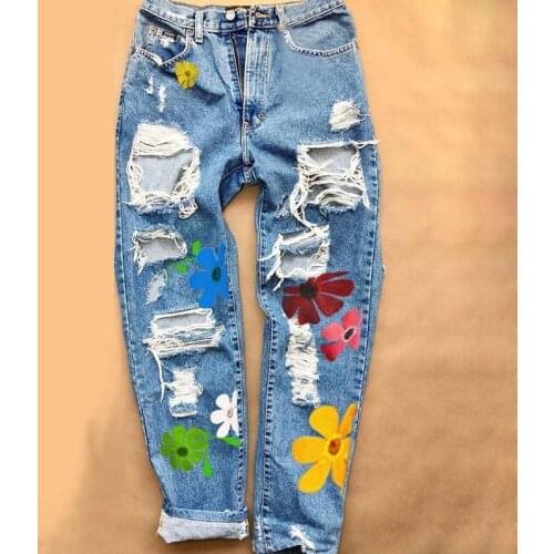 Women Fashion Ripped Jeans 2021 Printed Perforated High Waist Jeans Ladies Four Season Trousers Women Cute Casual Straight Pants