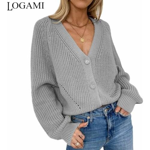 LOGAMI Single Breasted Long Sleeve V Neck Cardigan Women Autumn Winter 2020 New Sweaters Womens Knitting Cardigans