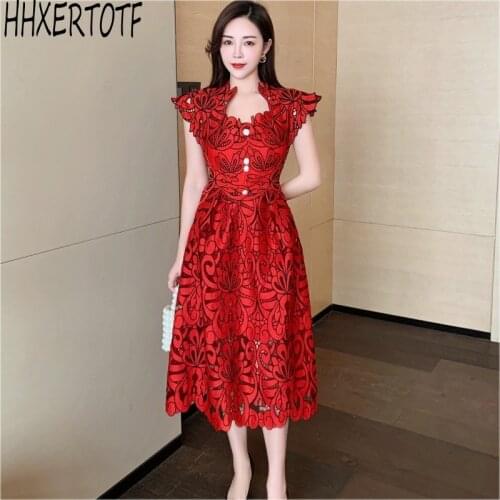 2021 summer Women Elegant Hollow Out Lace Dress Solid O-Neck Dress Female Temperament lace dress