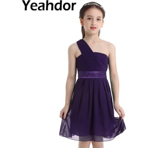 Kids Girl One-shoulder Knee Length High-waisted Pleated Chiffon Flower Girls Dress Princess Dress Pageant Wedding Party Vestido