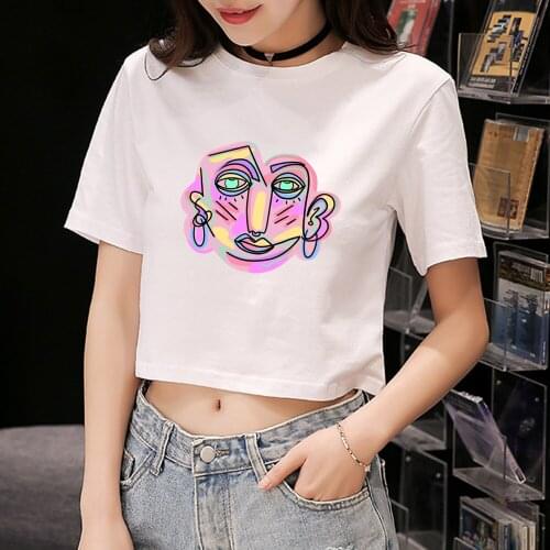 Abstract Line Funny Graphic Tshirt Women Sexy Crop Top Short Sleeve T-shirt Hiphop Tees Ulzzang Harajuku Womens Clothing