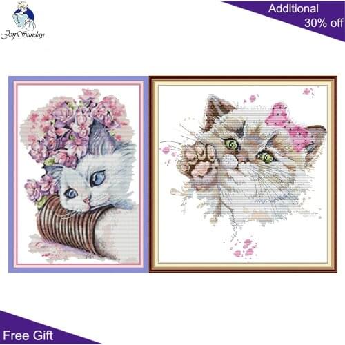 Joy Sunday Cute Cat And Flower DA465 DA473 14CT 11CT Counted and Stamped Kitty Animal Home Decor Embroidery Cross Stitch kits