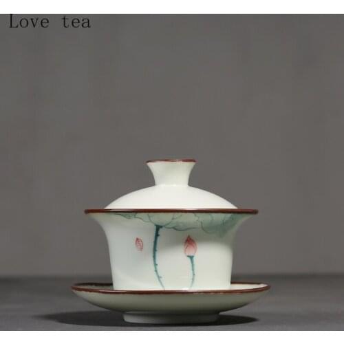Chinese style 130ml hand-painted ceramic lotus three-color cover bowl, ceramic kung fu tea set, exquisite home office supplies