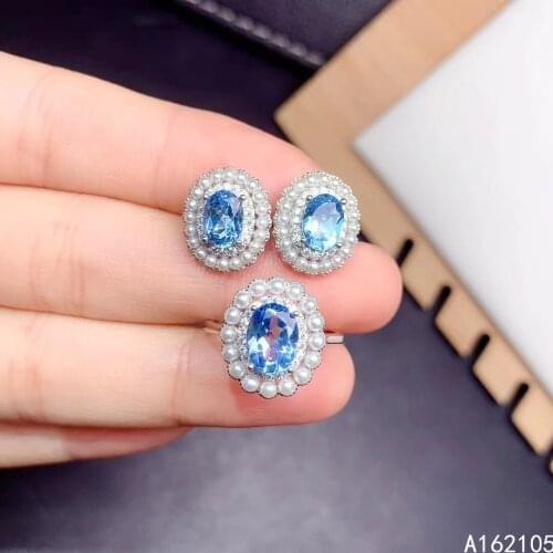 Fine jewelry 925 pure silver Chinese style natural Swiss blue topaz womens luxury classic oval pearl gem earring ring set suppo