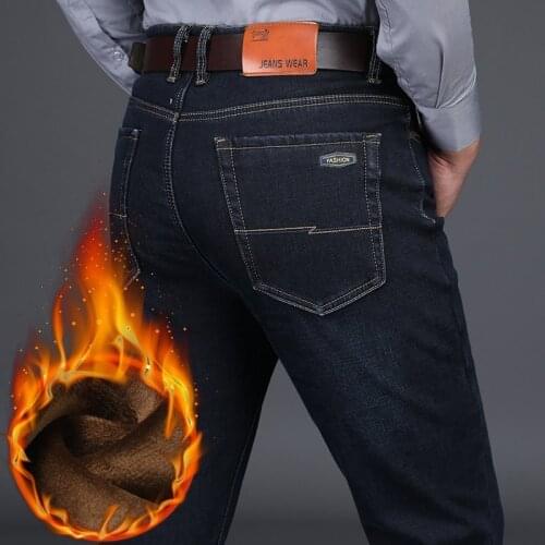 2021 Sulee Brand Stretch Slim Jeans Winter Thick Warm Fleece Jeans Embroidery Cotton Denim Pants Male Brand Trousers