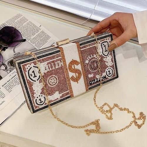 New Fashion USD Money Bag Luxury Crystal Hundred Dollars Diamond Chain Shoulder Bag Evening Dinner Clutch Bag Brand Jelly Purses