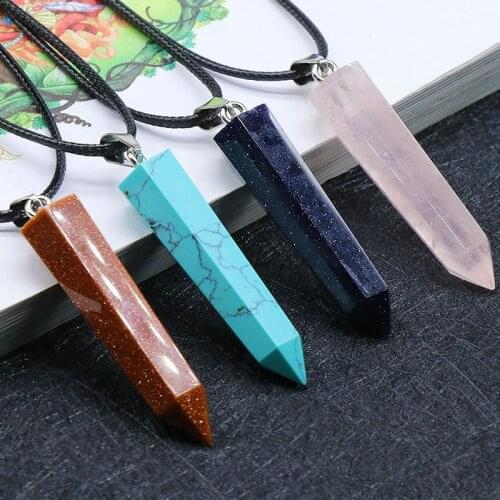 Healing Jewelry Big Hexagonal Bullet Natural Stone Pendant Necklace Agates Pink Quartz Crystal Necklace Pendulum Amulet Pendulo