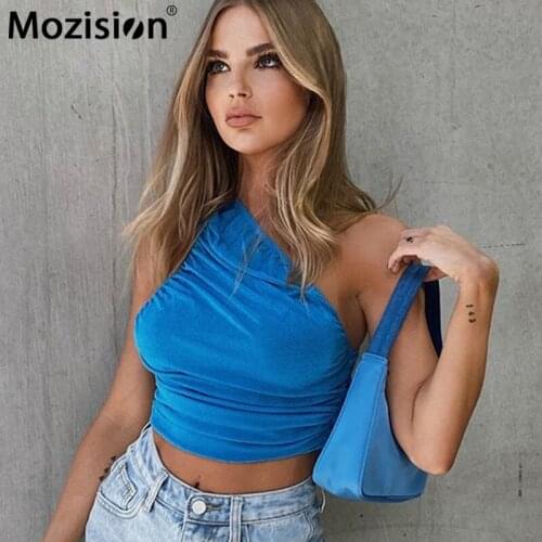 Mozision Summer Ruched Backless Tank Tops Women Sexy One Shoulder Wrapped Chest Binder T-shirt Female Basic Slim Vest Tops