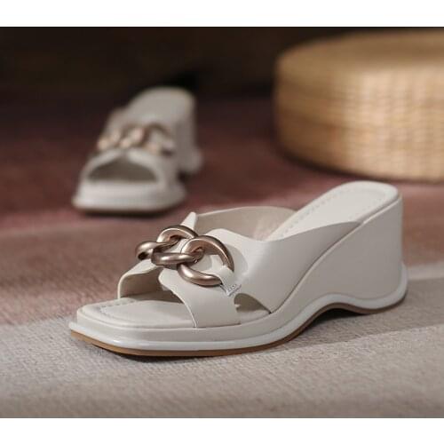 Fashion Wedged Platform High Heels Pumps For Women Genuine Leather 2021 Summer Buckle Party Office Lady Shoes Woman Heel