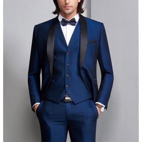 Blue Tuxedo Mens Suits Men 3 Pieces Formal Prom Blazer Shawl Lapel For Wedding Groom Man ( Jacket+Vest+Pants) Dinner Party Tuxe