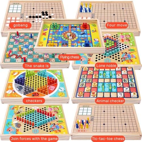 Board Game Chess Set 9-in-1 Portable Wooden Flying Chess Checkers Catapult Snakes And Ladders Game Puzzle Board Game Set Toys