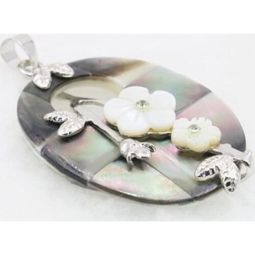 Natural Black Abalone Shell Mosaic Flower Oval Necklace Pendant Free Shipping Fashion Jewelry Making Accessory Lady Gift M459