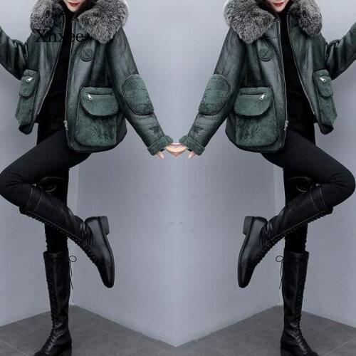 Winter Jacket Faux Fur Coat Green Faux Lamb Wool Coat Long-Sleeved Hooded Zipper Short Fur Coat Womens Coat