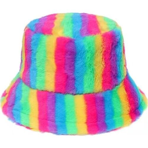 2021 New Fashion Outdoor Faux Fur Multicolor Rainbow Striped Panama Bucket Hats Women Soft Warm Gorros Mujer Winter Vintage Caps