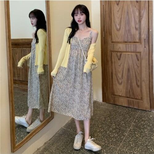 Dress for Women French Floral Sling Dress Female Summer 2021 New Skirt Temperament Korean Style Mid-length Skirt Trend