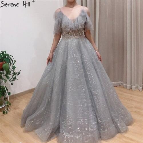 Real Photo Grey A-Line Sexy Prom Dresses 2020 Short Sleeves Beading Tassel Prom Gowns Serene Hill BLA70112