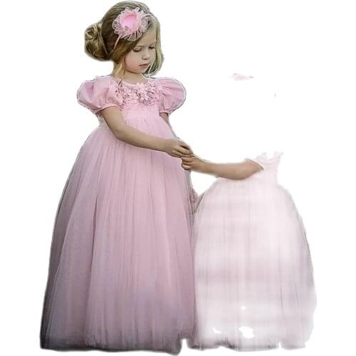 Puffy Tulle Pink Ball Gown Flower Girl Dresses Long Sleeve Girl Princess Dress Illusion Girl Wedding Party Dress First Communion