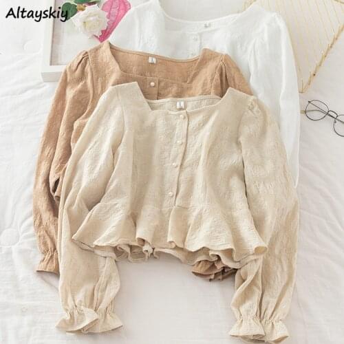Shirts Women Spring Slim Tender Cozy Female Soft Crops Casual Single Breasted New Hot Sale Ulzzang Solid Ruffles Retro Chic Tops