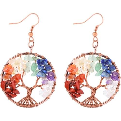 Natural Stone Tree Of Life Pendulum Pendant Earrings For Women Healing Crystal Earring 7 Chakra Quartz Pendants Reiki Jewelry