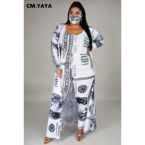 CM.YAYA Plus Size L-5XL Benjamin US Dollar Two 2Piece Set for Womens Outdoor X-long Clock Top Jumpsuit Set Fitness Matching Set