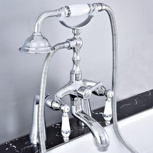 Modern Silver Chrome Brass Deck Mounted Bathroom Tub Faucet Set with 1500MM Handheld Shower Spray Head Bath Mixer Tap 2tf762