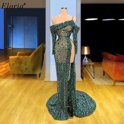 Dark Green Crystals Prom Dresses 2020 Gorgeous Beading Illusion Cocktail Dresses With Side Split Women Celebrity Dresses Party