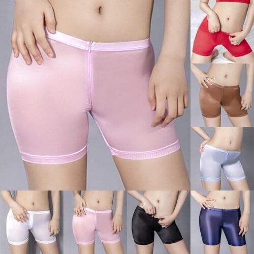 High Elastic Women See Through Underwear Stretch Oil Shiny Glossy Boxer PantiesTight-fitting Zipper Open Crotch Shorts Pajamas