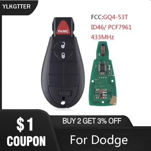 YLKGTTER 433MHz 2+1Buttons Smart Remote Key Keyless Fob for Dodge RAM 1500 2500 3500 2013-2018 With Remote Start P/N: GQ4-53T