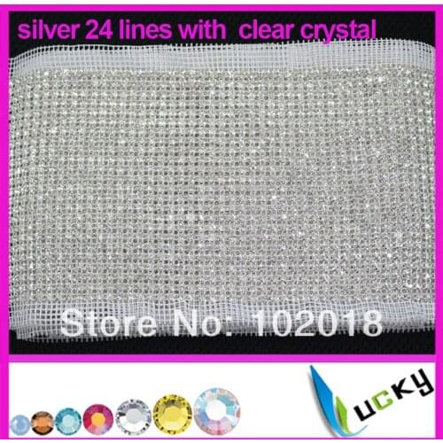 Factory price high quality silver 24 rows with clear crystal rhinestone trimming mesh for sewing wedding dress