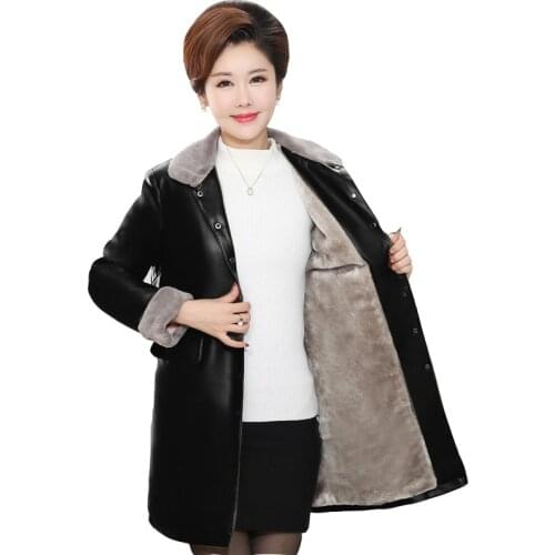 2020 Winter Ladies Jackets Plus Velvet Thick Fur One PU Leather Medium long Loose Large size Motor Leather Jacket Coat Women