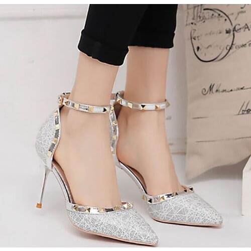 Women pumps shoes elegant pointed toe ladies shoes wedding party sexy women pumps glitter rivet woman shoes zapatos de mujer