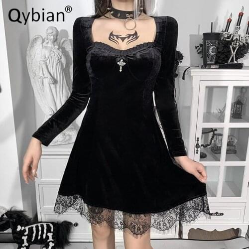Dark Chest Lace Long Sleeve Dress Women Korean Velvet Splicing Round Neck Women Dress Pullover Casual Dress Autumn Dresses