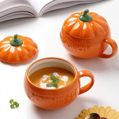 250ml Cute Pumpkin Shape Mug With Lid Creative Milk Tea Cup Underglaze Ceramic Handmade Kitchen Office Drinkware Small Soup Bowl