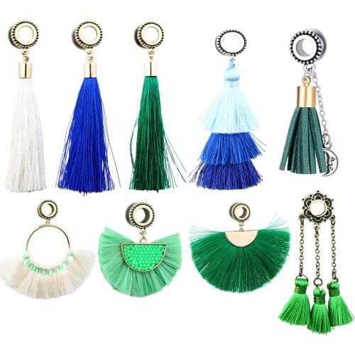 Alisouy 2pcs Steel Screw Ear Plugs And Tunnels Flesh Earrings Gauges Tassel Dangle Woman Ear Tunnels Stretcher Piercing Plugs