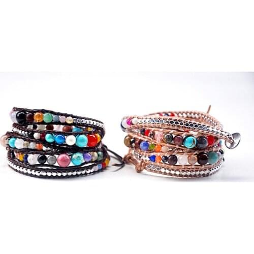 Free shipping mixed natural semi-precious stone beads leather cord bracelet wholesale
