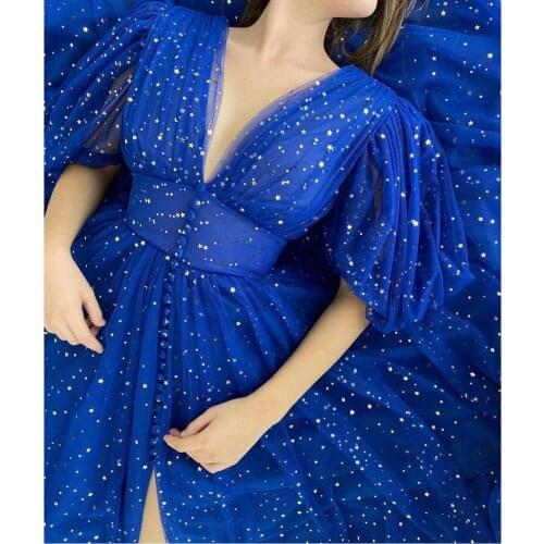 Sparkly Blue Starry Tulle Long Slit Prom Dresses Shiny Princess V-Neck Half Puff Sleeves Evening Dresses Vestido De Festa 2021